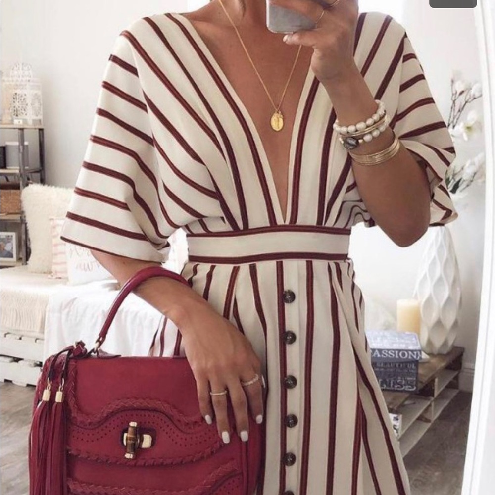 Vertical Stripes Plunge Button Design Casual Dress